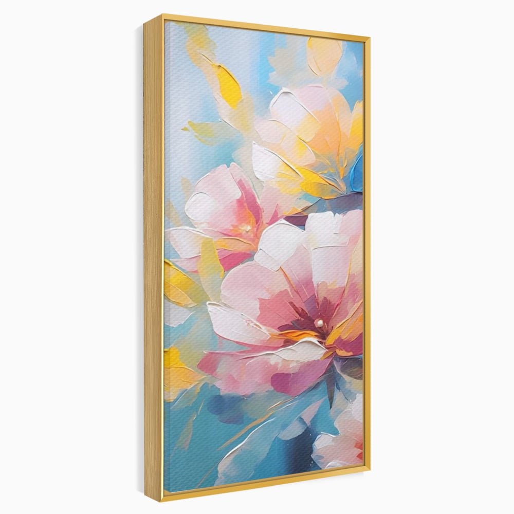Tablou canvas cu tablou canvas cu flori roz, in rama de aluminiu auriu